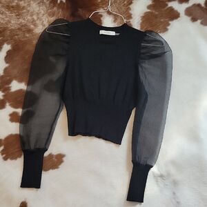 Sheer Puff Sleeve Black Knit Cropped Top
